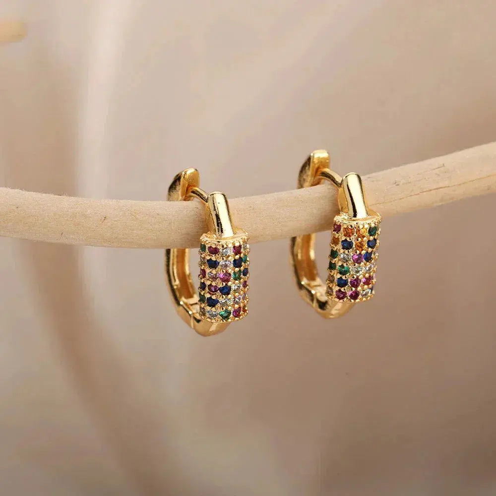 Minimalist gold earrings with multicolored zircons