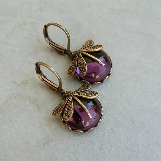 Spherical dragonfly earrings in antique gold color