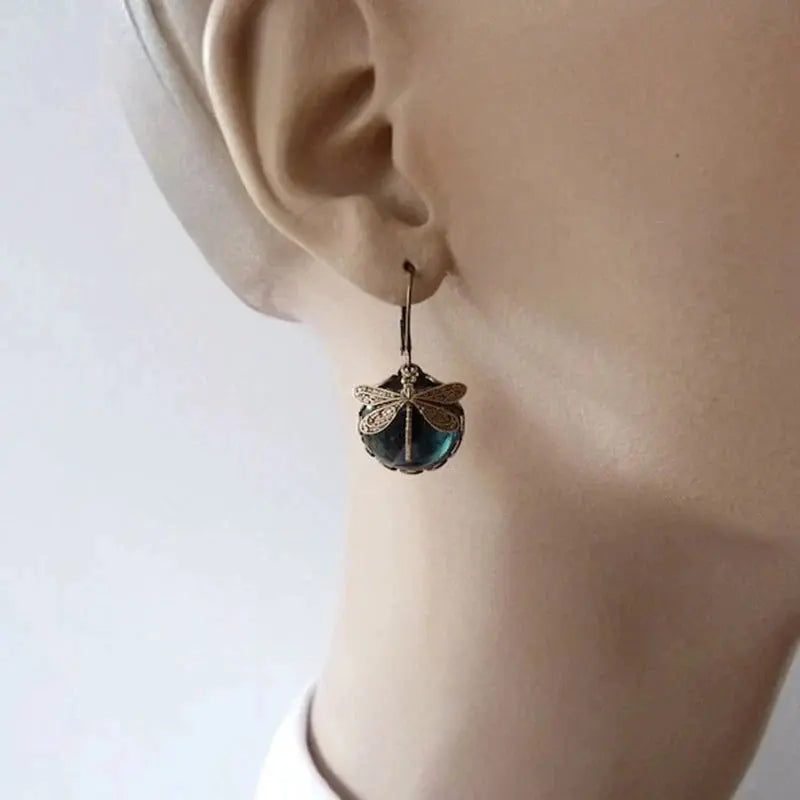 Spherical dragonfly earrings in antique gold color