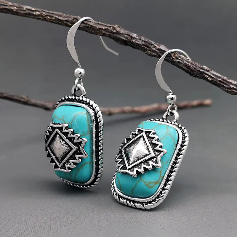 Ethnic silver-plated earrings with turquoise stones