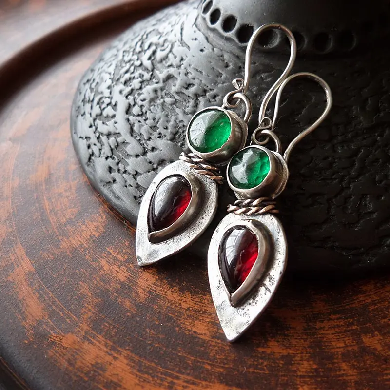 Red and green vintage style earrings