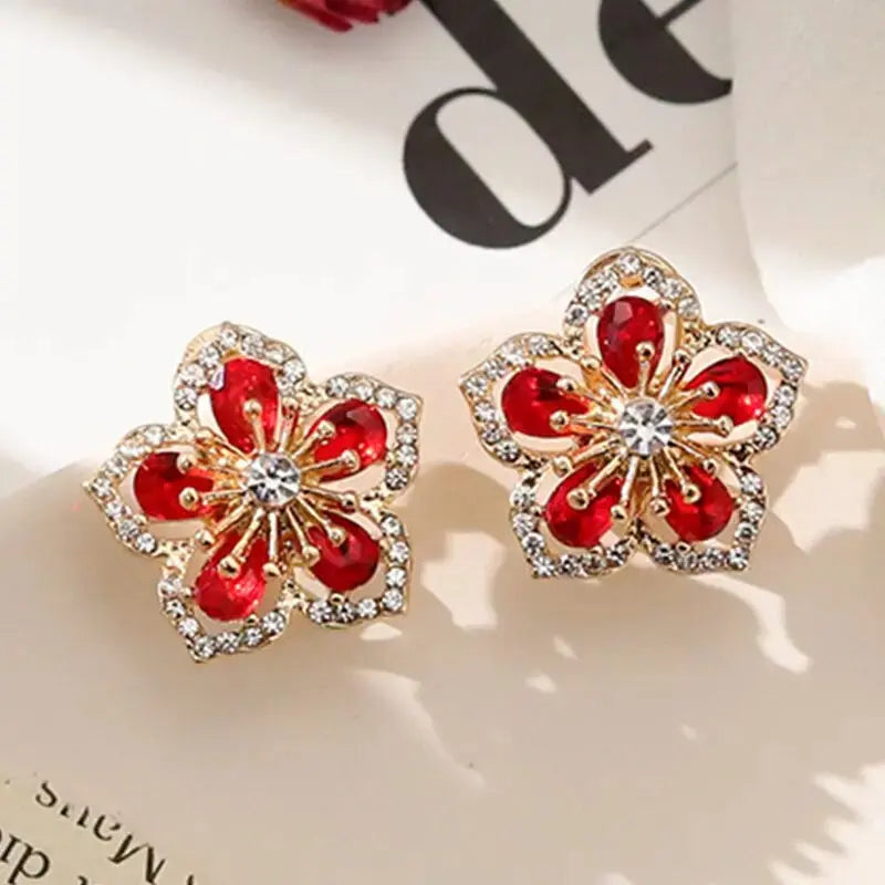 Red Crystal Flower Sparkling Earrings
