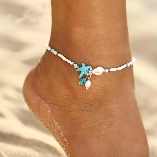 Star and shell ankle bracelet with natural stones