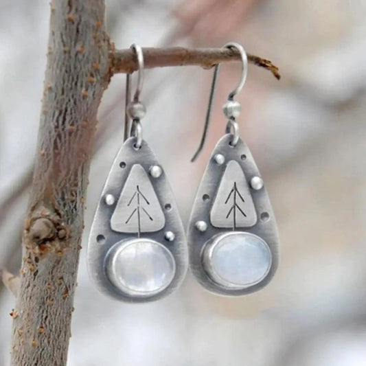 Boho earrings of white opal in silver setting