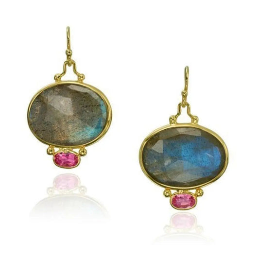 Vintage style earrings with blue crystal and red cubic zirconia