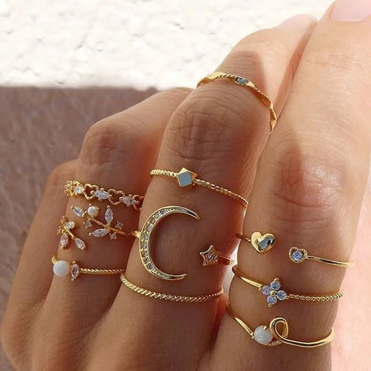 Set of 10 boho style rings in silver and gold