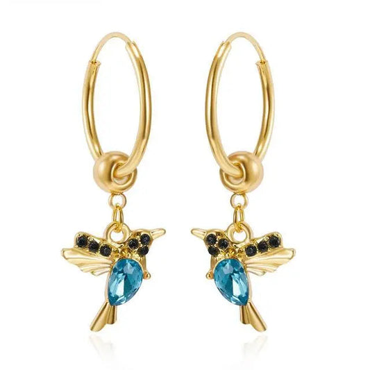 Hummingbird earrings with enamel and zirconia in gold color
