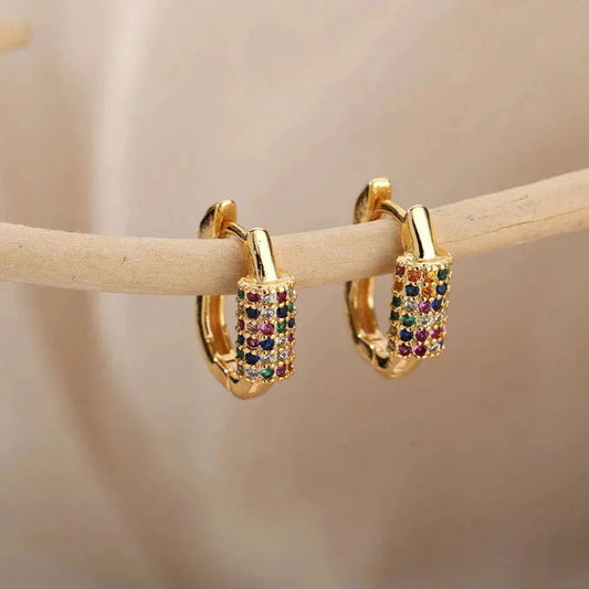 Minimalist gold earrings with multicolored zircons