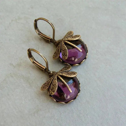 Spherical dragonfly earrings in antique gold color