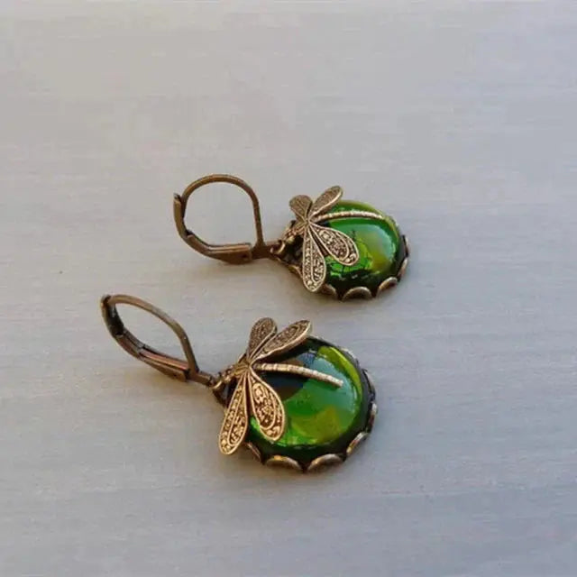 Spherical dragonfly earrings in antique gold color
