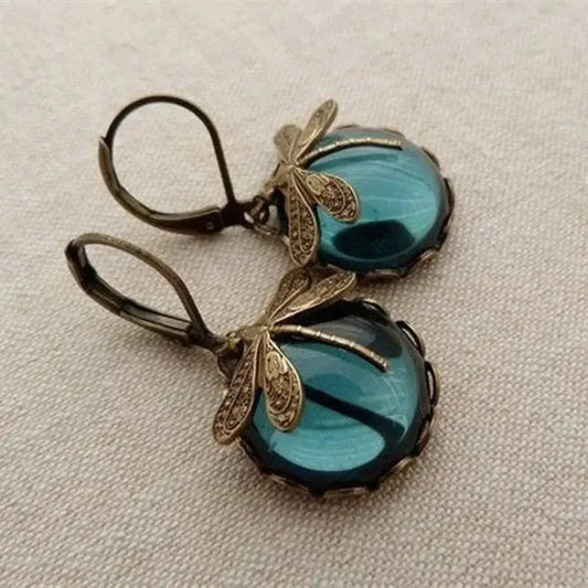Spherical dragonfly earrings in antique gold color