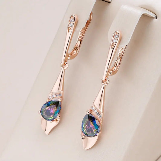 Multicolored crystal pendant earrings in gold color