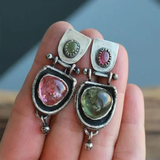 Red and green rectangular earrings in vintage style
