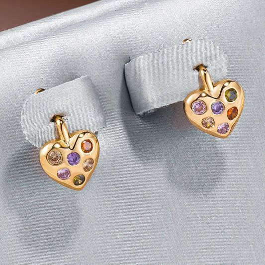 Elegant heart earrings inlaid with colored zircons