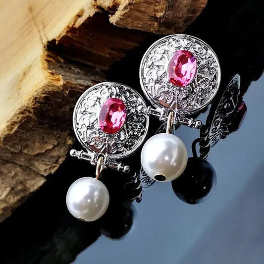 Vintage style pearl earrings with pink cubic zirconia