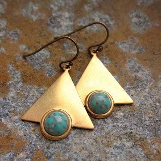 Gold triangle earrings with turquoise stones in vintage style