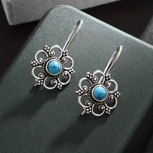 Earrings with blue flowers and silver in vintage style